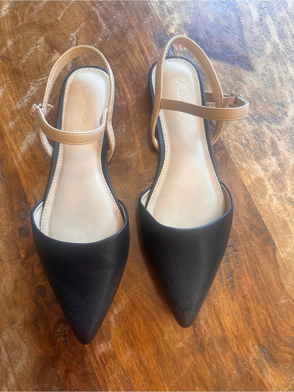 Two-Tone Pointed Toe Slingback Flats in Black and Tan-Size 6.5